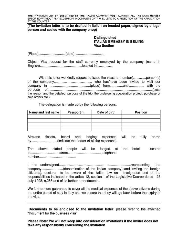 Invitation Letter for Visa Italy  Form