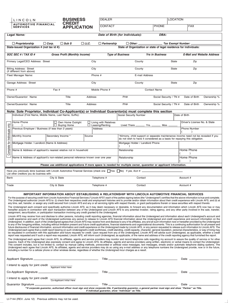  Lincoln Automotive Financial Services Printable Credit Application 2012-2024