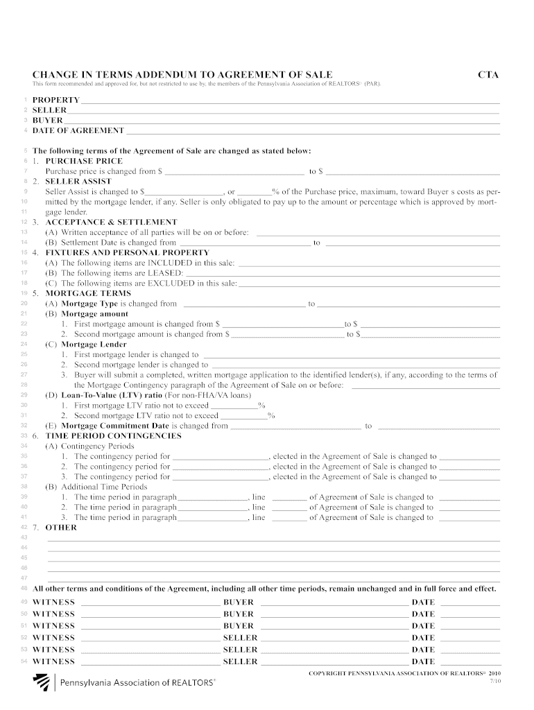 Pa Addendum to Agreement of Sale PDF  Form