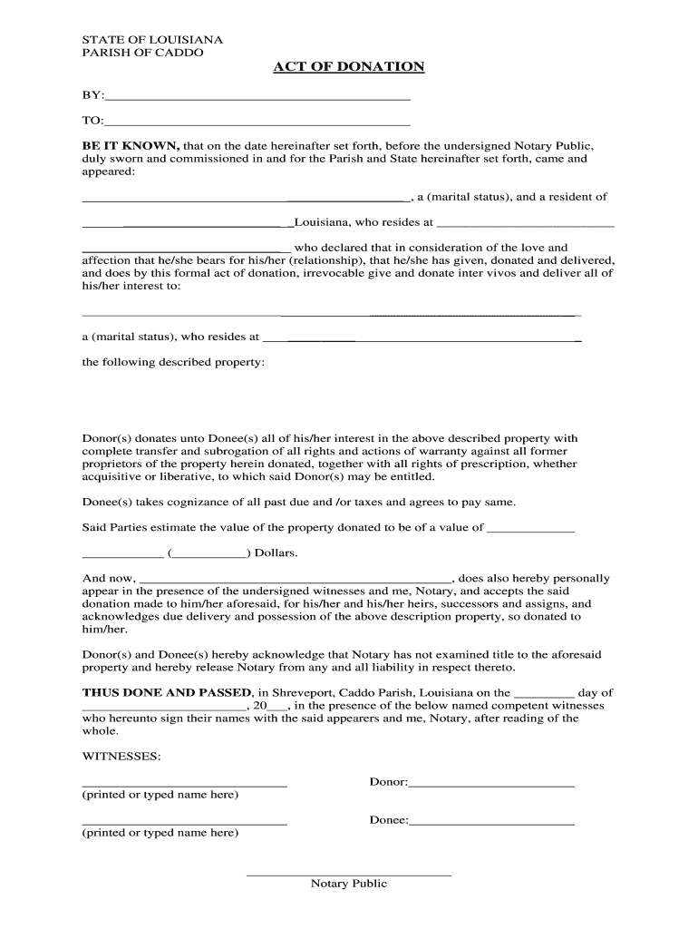 Louisiana Department of Motor Vehicles Act of Donation  Form