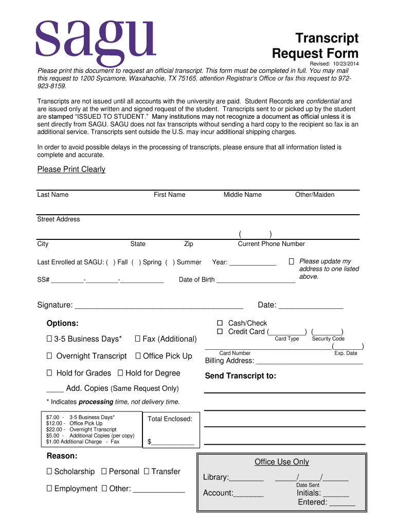 Download a Printable Transcript Request Form PDF Sagu