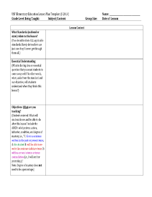 USF Elementary Education Lesson Plan Template USF College of Coedu Usf  Form