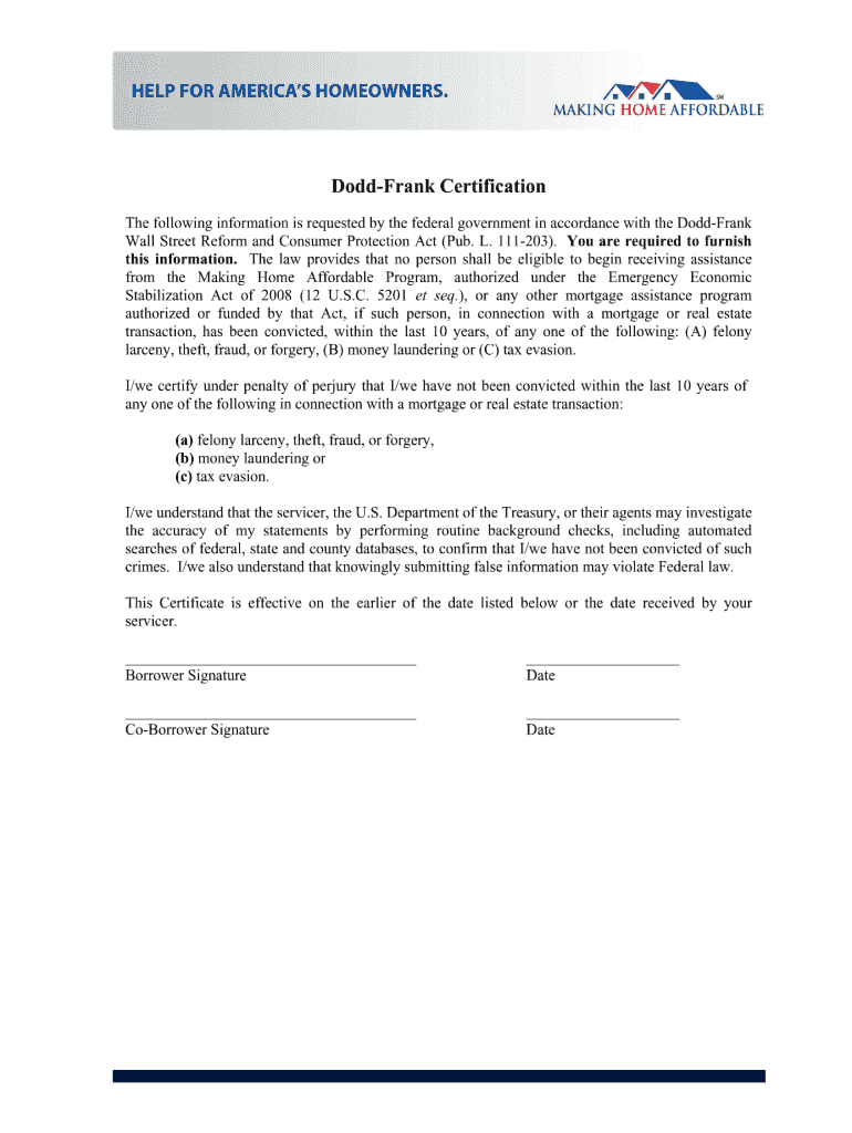 Dodd Frank Certification Form