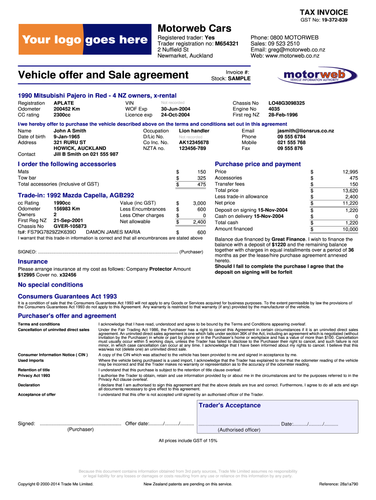 Vehicle Sales Agreement Template Nz  Form
