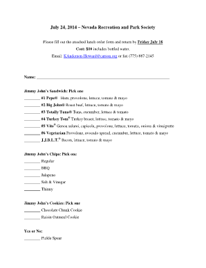 Jimmy Johns Printable Order Sheet  Form