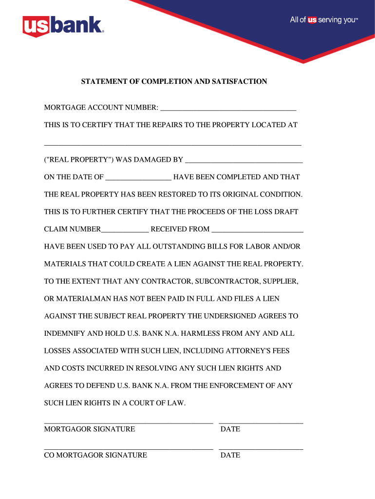 Us Bank Statement of Completion and Satisfaction  Form