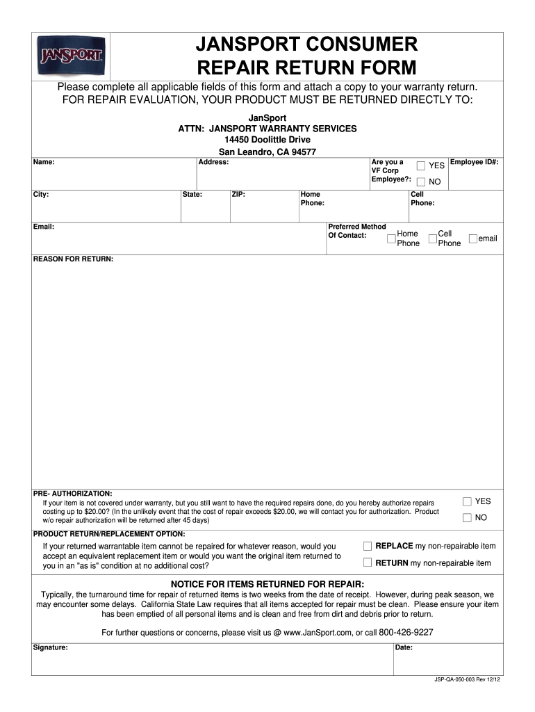  Jansport Return Form 2012