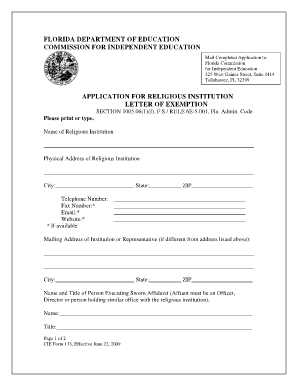Application for Religious Institution Letter of Exemption Florida Fldoe  Form
