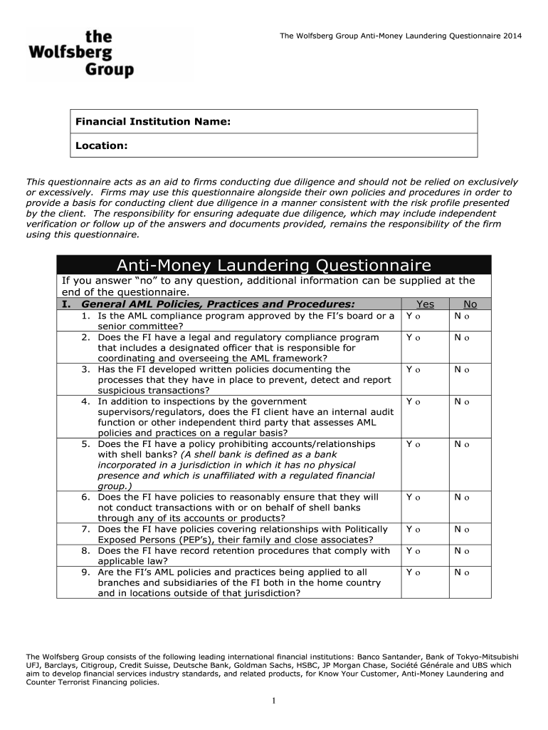  Wolfsberg Questionnaire 2014-2024