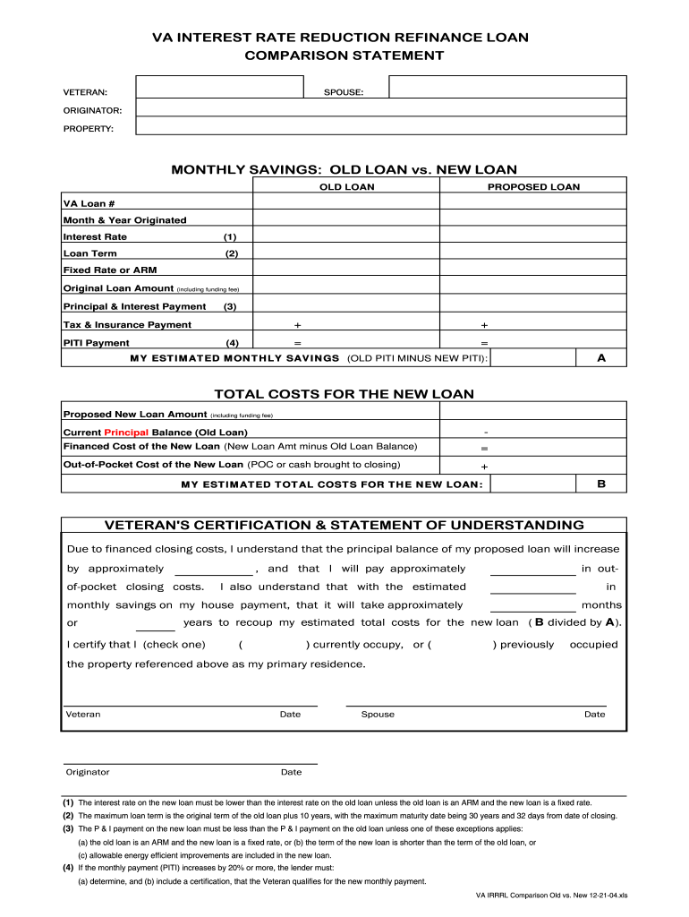  Va Loan Comparison Worksheet 2004-2024