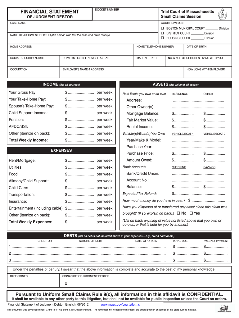  Financial Statement of Judgment Debtor Massachusetts Form 2012