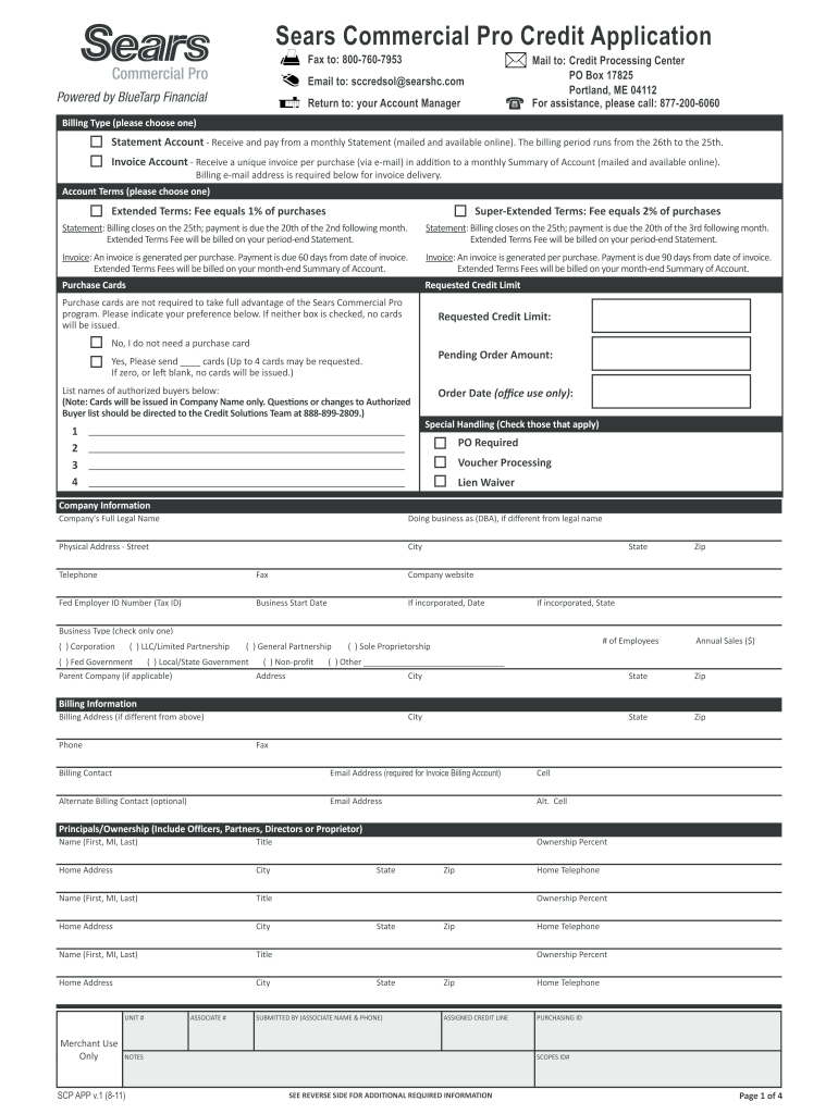 Sears Commercial Pro Credit Application  Form