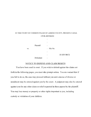 Notice to Defend Form in Pennsylvania