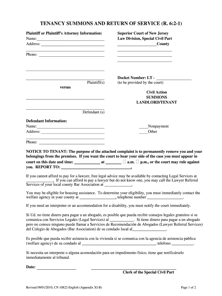 Tenancy Summons and Return of Service  Form