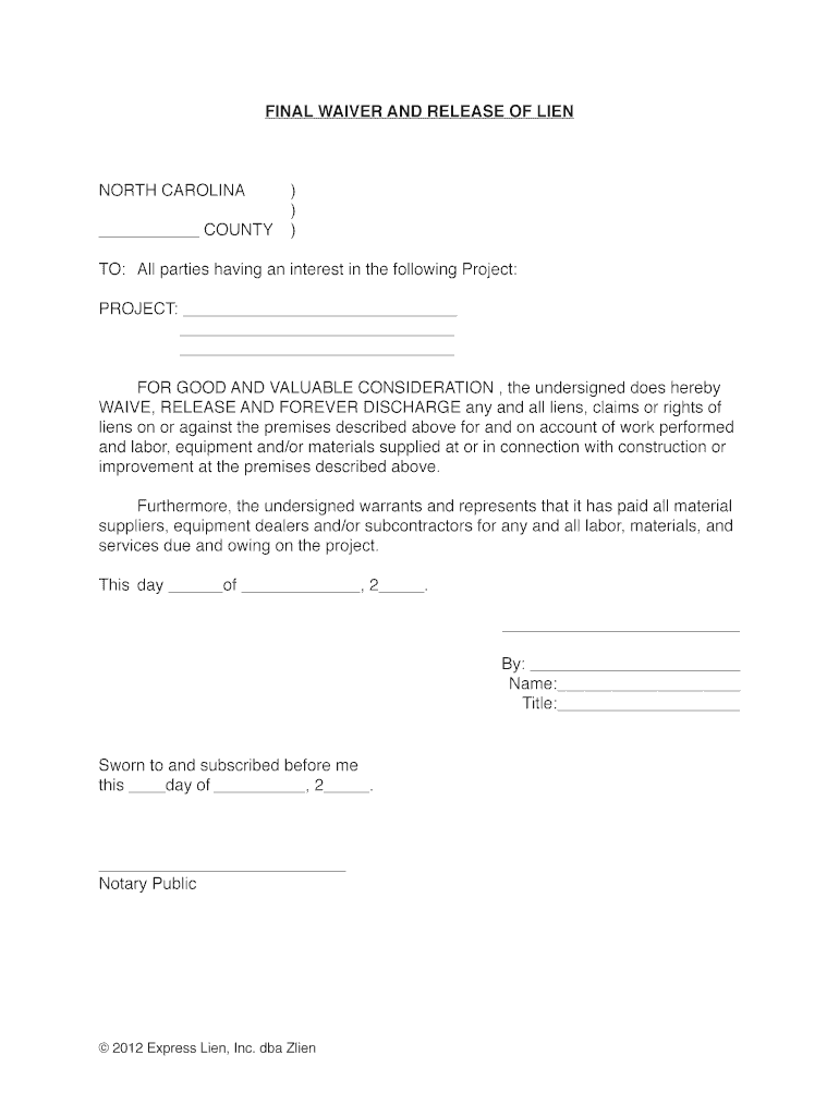 Lien Waiver Form Nc