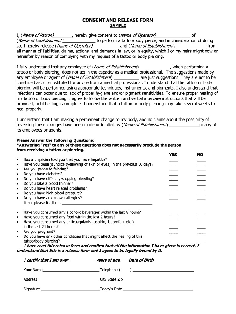 Tattoo Indemnity Form