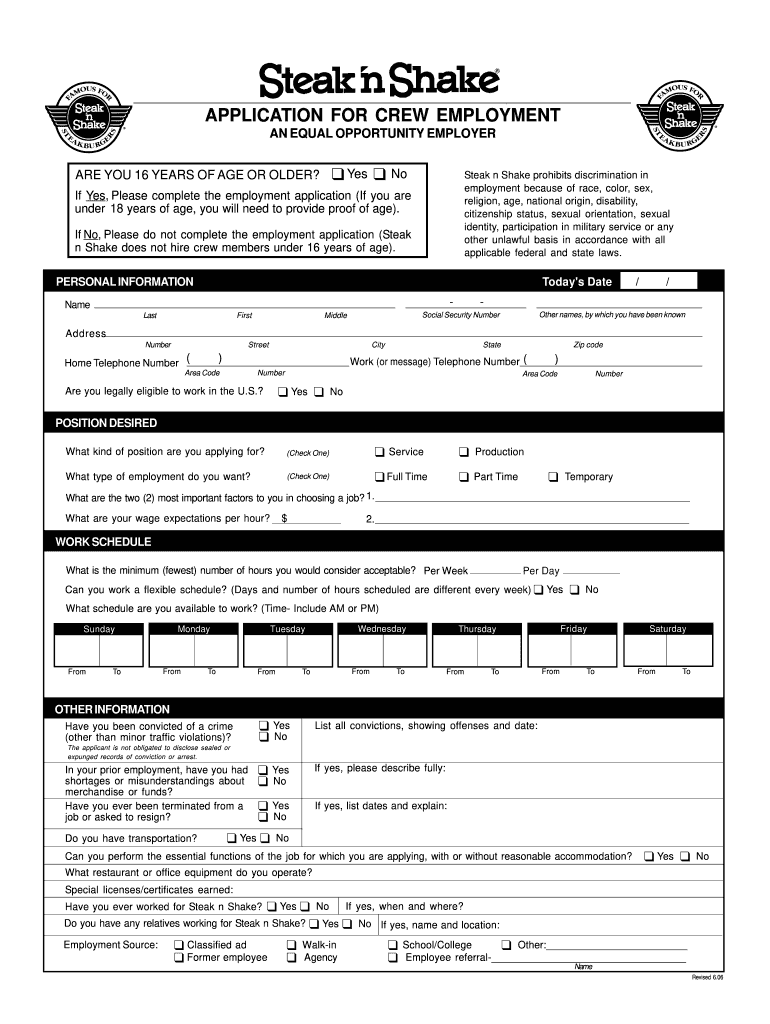 Get and Sign Steak and Shake Application 2006-2022 Form