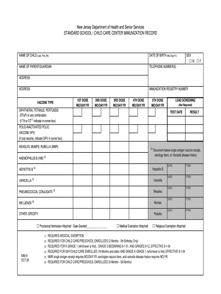  Nj Health Department Vaccination Records Forms School Imm 8 2008-2024