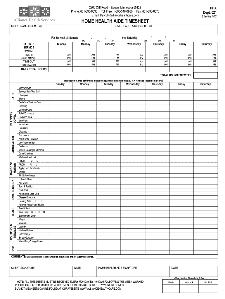  Home Health Aide Timesheet 2012-2024