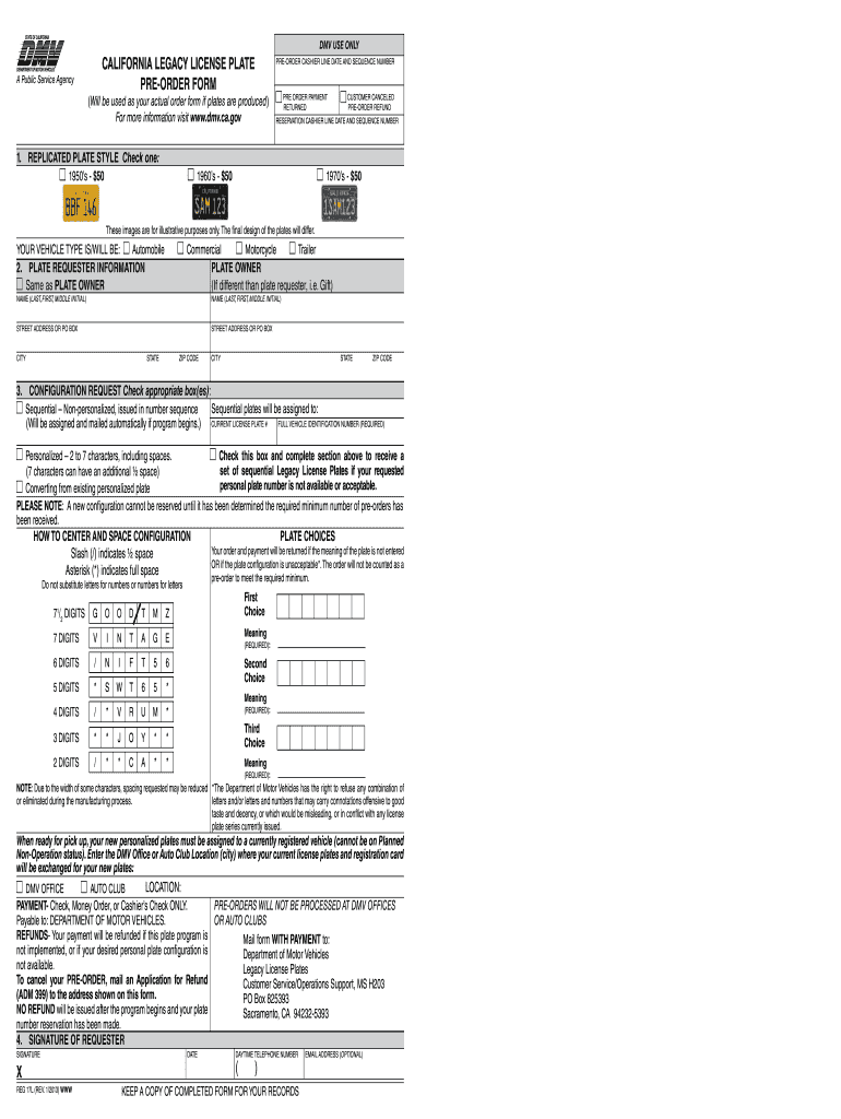 California Legacy License Plate Pre Order Form REG 17L Apps Dmv Ca