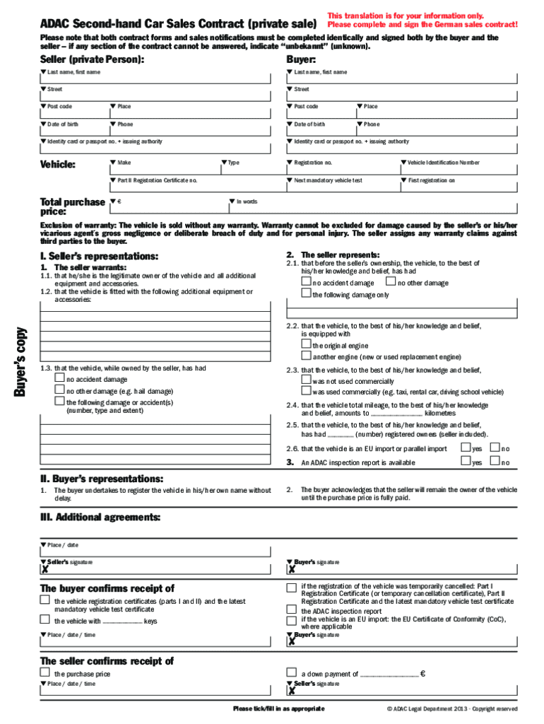 Adac Second Hand Car Sales Contract  Form