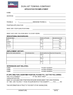 New Hire Job Application Dunlap Towing Company  Form