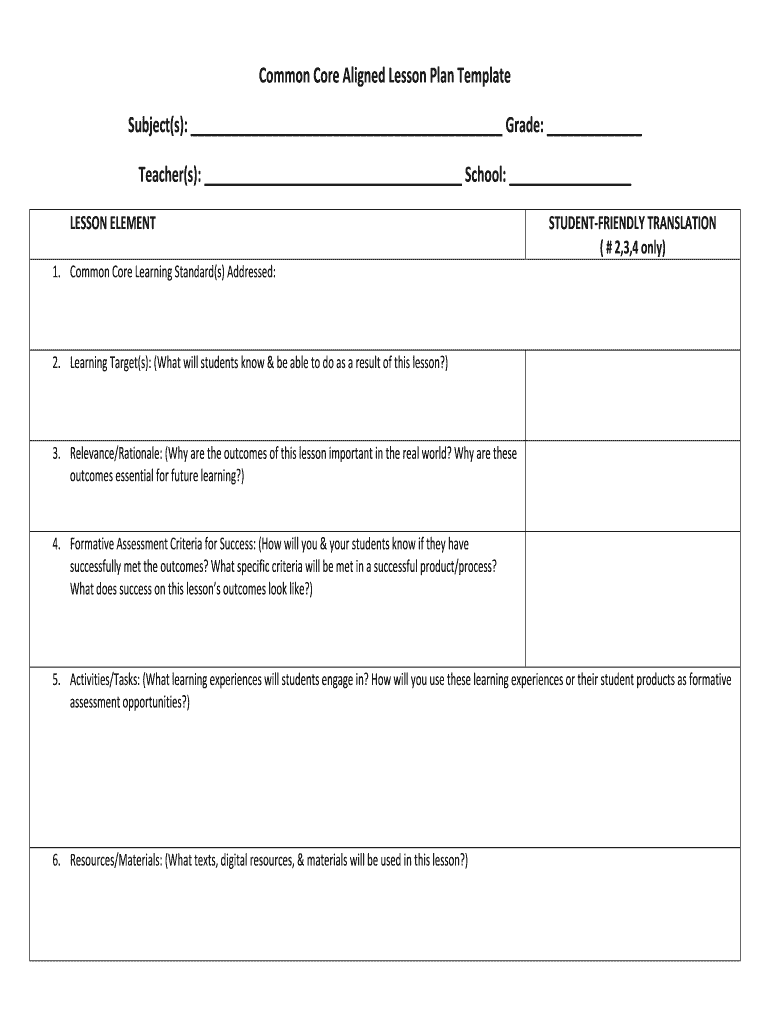 Common Core Aligned Lesson Plan Template Subjects Grade    Nassauboces  Form