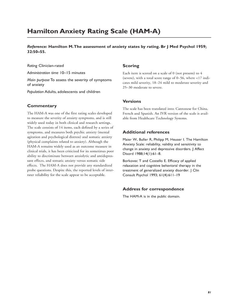 Hamilton Anxiety Rating Scale HAM a PDF  Form