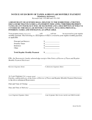 NOTICE of ESCROW of TAXES, &amp; REGULAR MONTHLY PAYMENT Com Ohio  Form