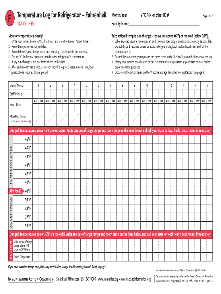  Temperature Logs for Refrigerators  Form 2013