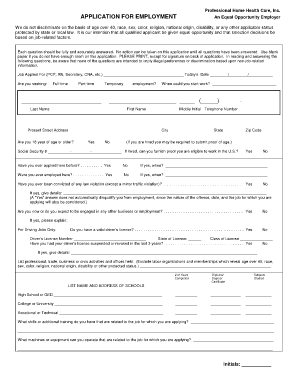  Home Health Care Employment Application Template 2010