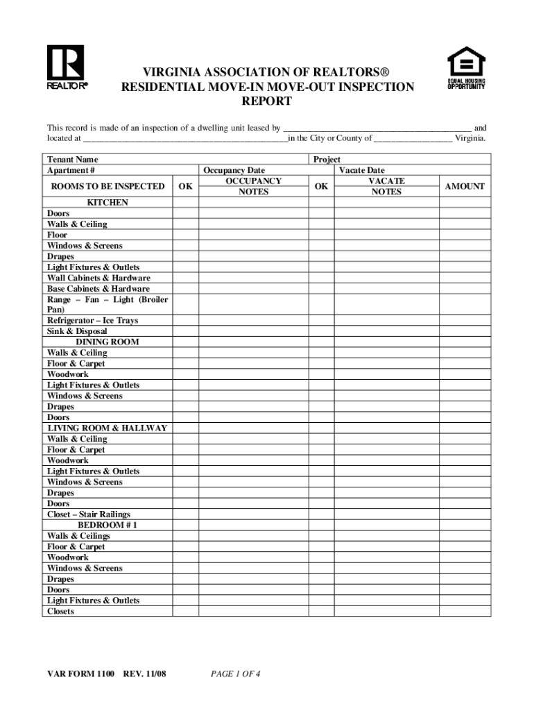 Virginia Association of Realtors Residential Move in Move Out  Form