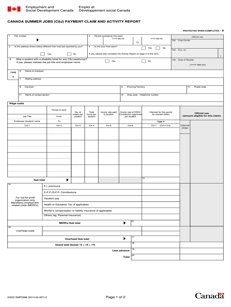 Canada Summer Jobs Payment Claim and Activity Report  Form