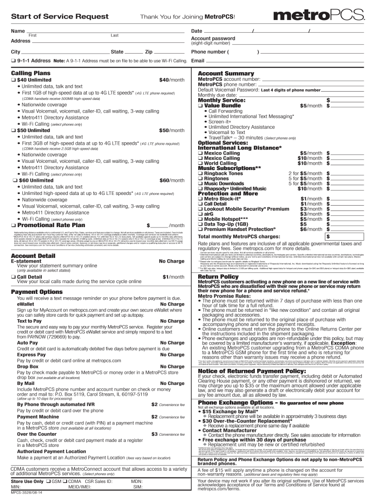  Metropcs Start of Service Form 2014