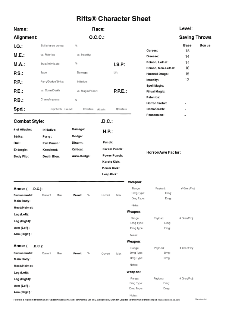 Rifts Character Sheet  Form