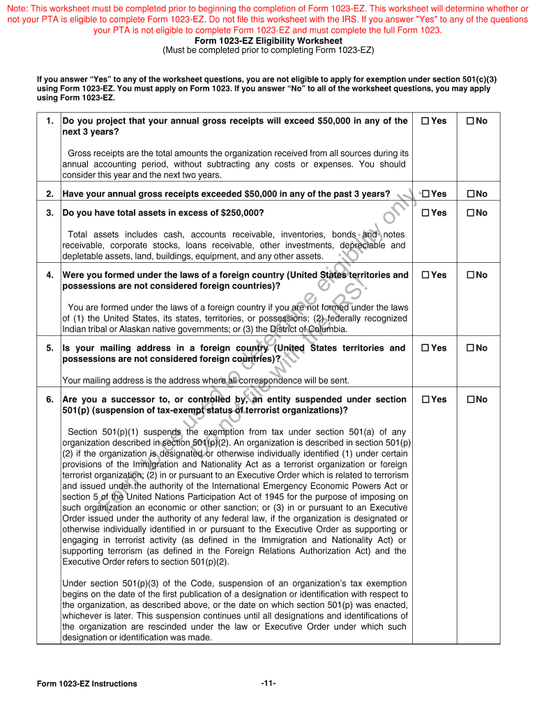 1023 Ez Eligibility Worksheet  Form