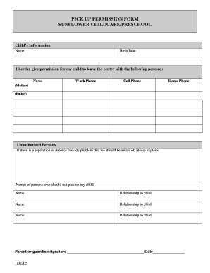 PICK UP PERMISSION FORM SUNFLOWER CHILDCARE Sunflowerchildcare