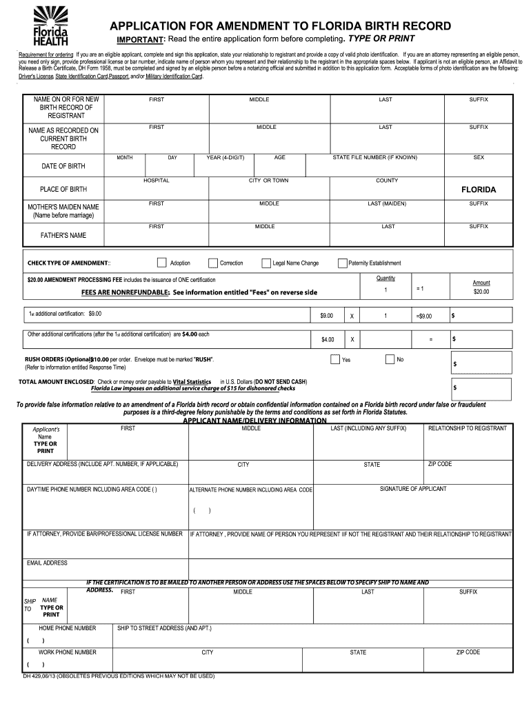  APPLICATION for AMENDMENT to FLORIDA BIRTH RECORD 2013