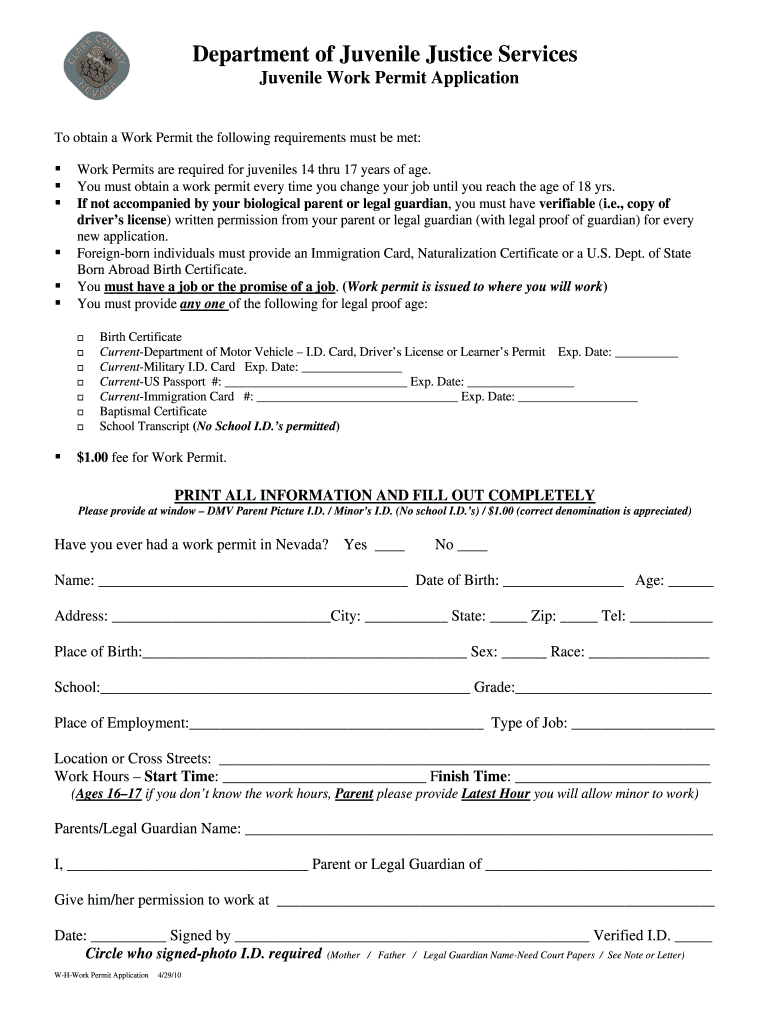  Nevada Work Permit Application 2010-2024