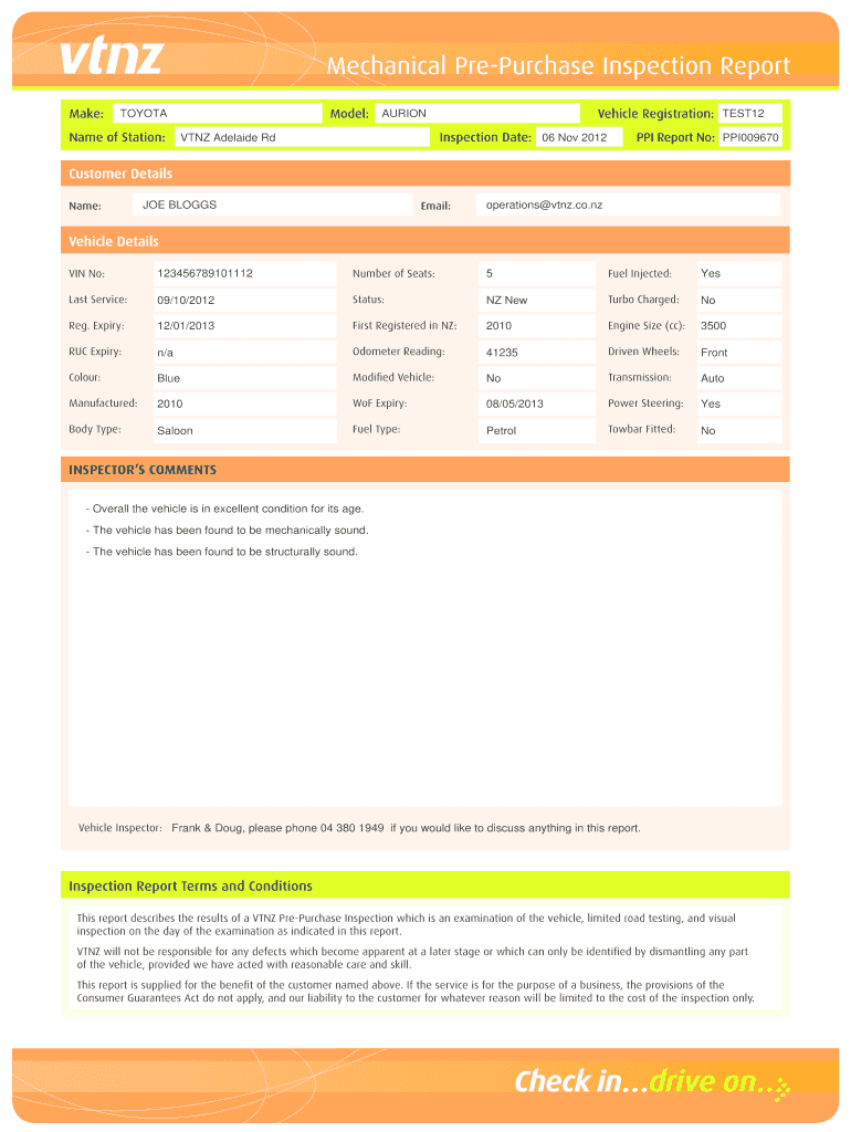 VTNZ Pre Purchase Inspection  Customer Report  Form