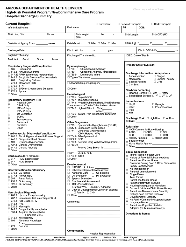 Hospital Discharge Summary Arizona Department of Health Services Azdhs  Form