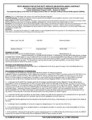Rotc Branch for Active Duty Service Obligation Army Career  Form