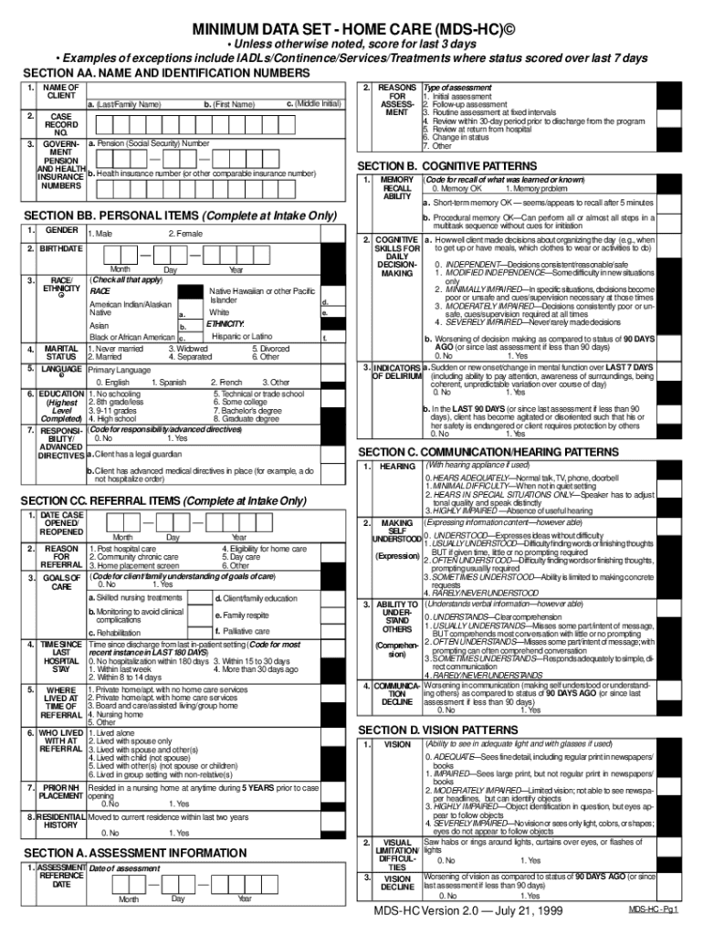 Minimum Data Sheet  Form