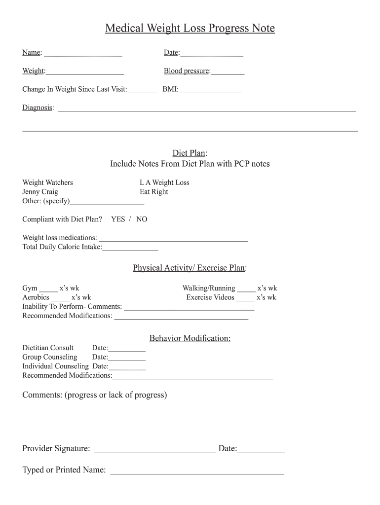 Weight Loss Progress Note Template  Form