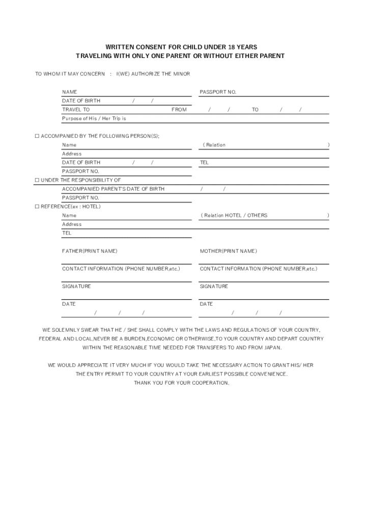 Written Consent for Child under 18 Years  Form