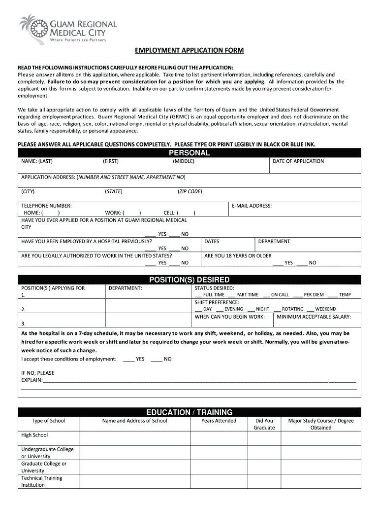 Guam Regional Medical City Guam Application Form