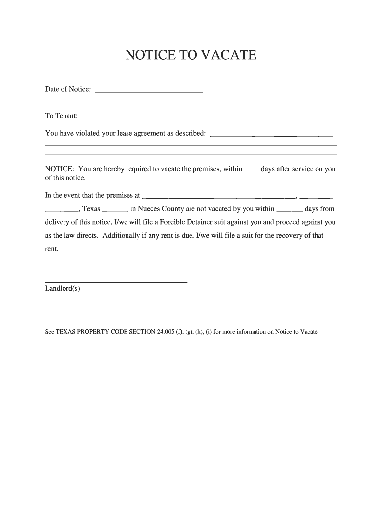 Notice to Vacate Texas Form Fill Out and Sign Printable PDF Template