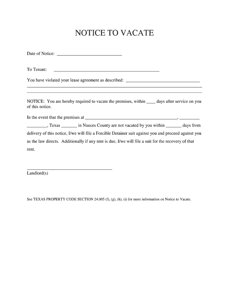 Notice to Vacate  Form