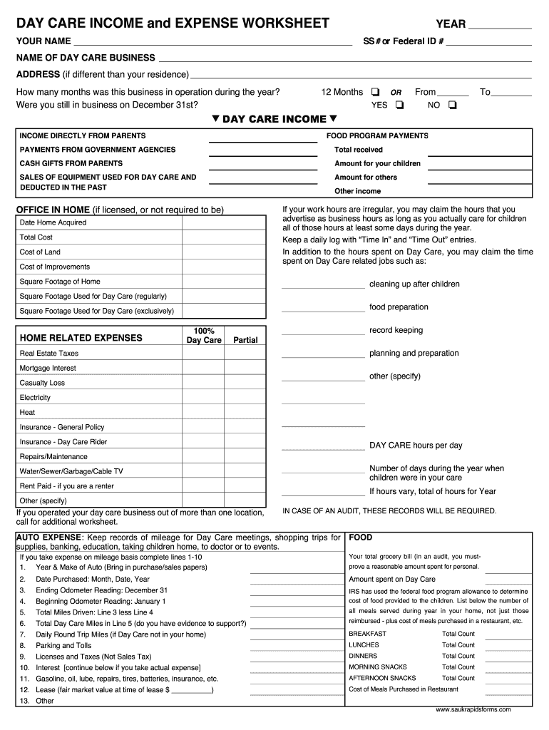 Monthly Daycare Expense Spreadsheet  Form