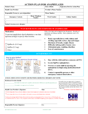 ACTION PLAN for ANAPHYLAXIS DC Public Schools Dcps Dc  Form